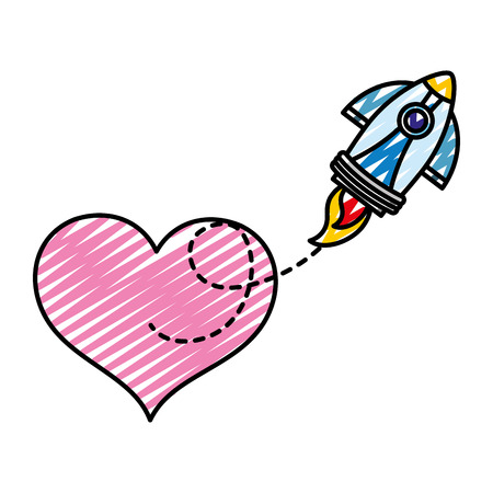doodle heart symbol and rocket technology object vector illustrationのイラスト素材
