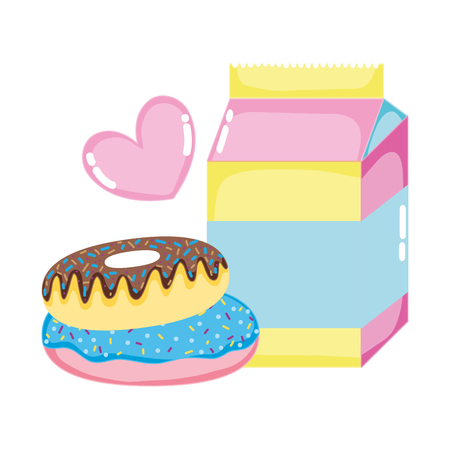 milk box with sweet donuts and heart vector illustrationのイラスト素材