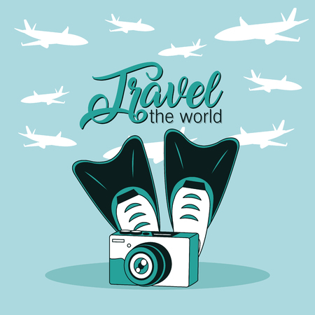Travel the world with camera and diving fins vector illustration graphic designのイラスト素材