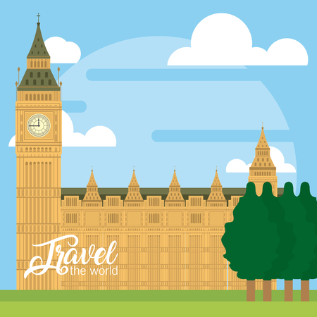 Travel the world card with big ben clock monument vector illustration graphic designのイラスト素材