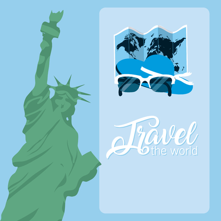 Travel the world card with liberty statue and symbols vector illustration graphic designのイラスト素材