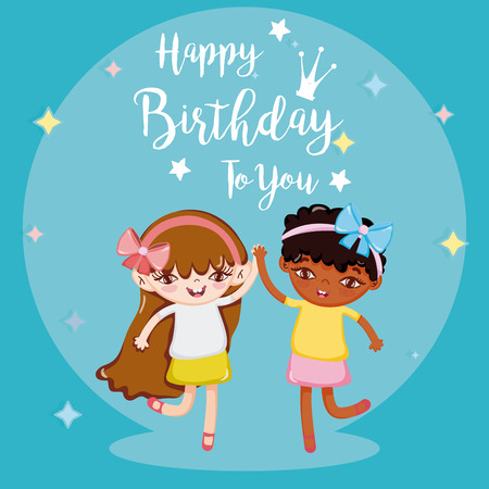 Happy birthday card with beautiful girls cartoons vector illustration graphic designのイラスト素材