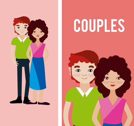 Cute and lovely couples cartoons over colorful background vector illustration graphic designのイラスト素材