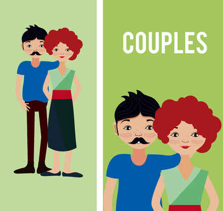 Cute and lovely couples cartoons over colorful background vector illustration graphic designのイラスト素材