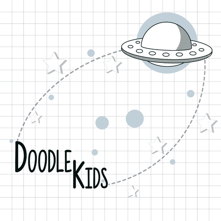 Doodle kids cartoons with ufo in galaxy vector illustration graphic designのイラスト素材