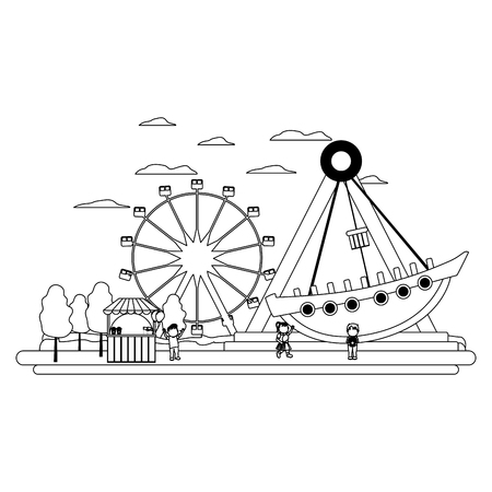 line carnival shop with children and mechanical ship rideのイラスト素材