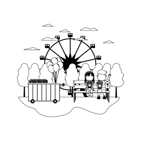 line carnival car shop and children with popcorn vector illustrationのイラスト素材
