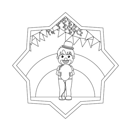 line funny clown boy with balloon and party flags inside star vector illustrationのイラスト素材