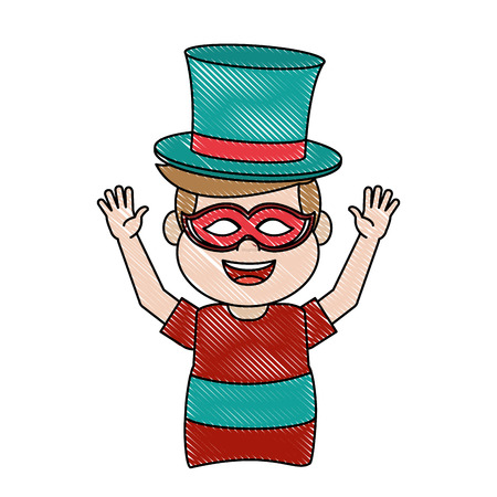 doodle funny carnival boy with hat and mask vector illustrationのイラスト素材