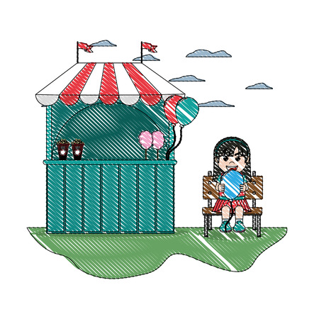 doodle carnival shop and girl with balloon seating vector illustrationのイラスト素材