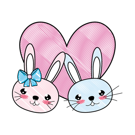 doodle cute rabbits couple head with heart vector illustrationのイラスト素材