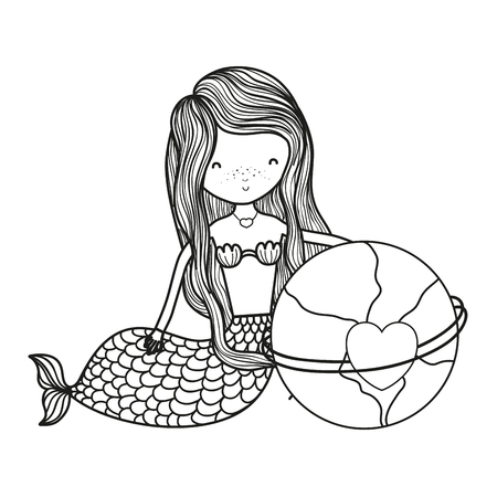 line siren woman and global planet with heartのイラスト素材