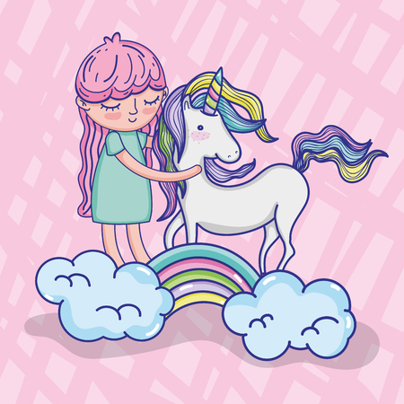 Girl with unicorn on clouds and rainbows cute cartoon vector illustration graphic designのイラスト素材