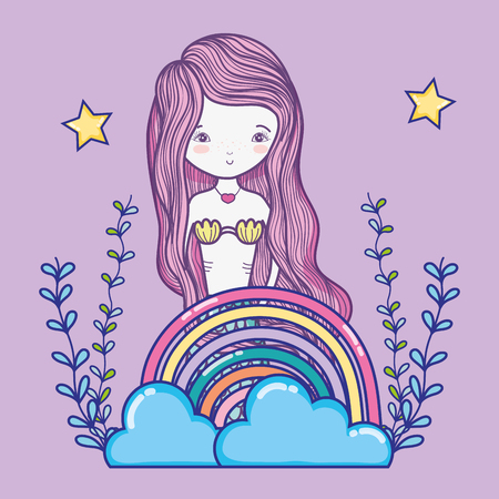 Cute mermaid with rainbow and clouds cartoons vector illustration graphic designのイラスト素材