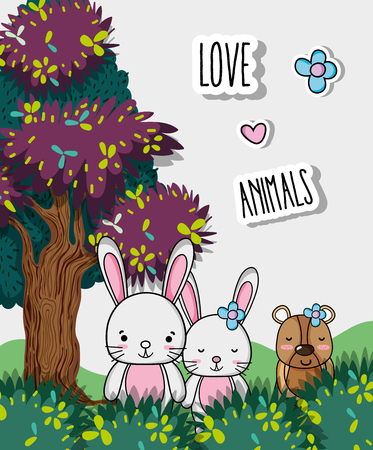 Lovely rabbits and bear at jungle animals cartoon vector illustration graphic designのイラスト素材