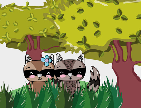 Cute raccoons at jungle cartoons vector illustration graphic designのイラスト素材