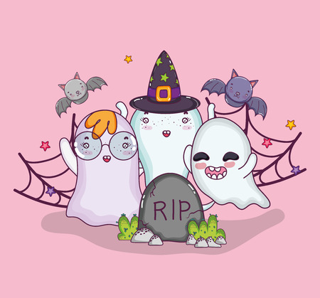 Cute ghosts with stone and spiderweb halloween cartoons vector illustration graphic designのイラスト素材