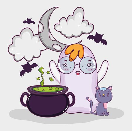 Happy halloween ghost and soup pot at night cartoons vector illustration graphic designのイラスト素材