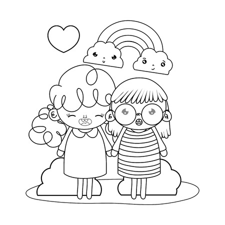 outline nice girls with rainbow and kawaii clouds vector illustrationのイラスト素材
