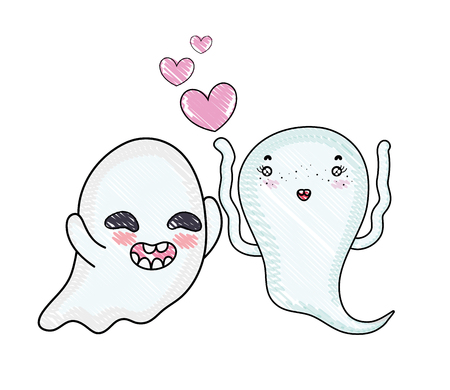 grated funny ghost couple character with hearts vector illustrationのイラスト素材