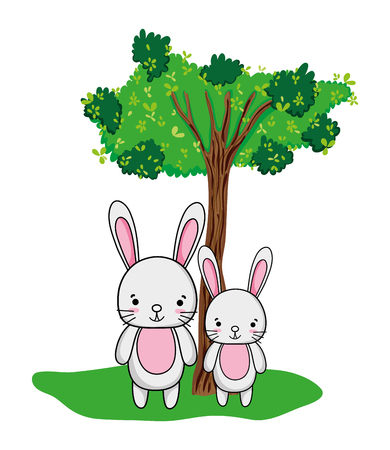 cute couple rabbit animal and tree vector illustrationのイラスト素材