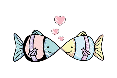 scribbled tropical couple fish animals with hearts vector illustrationのイラスト素材