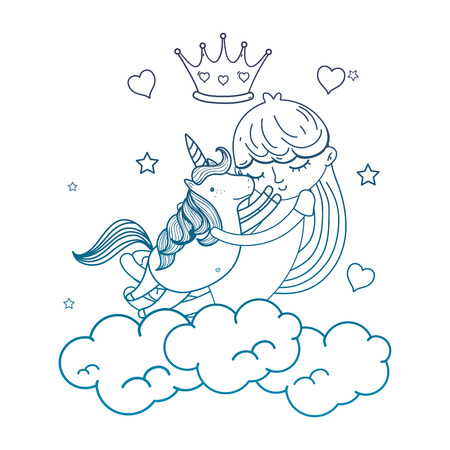 degraded outline girl hugging unicorn in the clouds with crown and hearts vector illustrationのイラスト素材