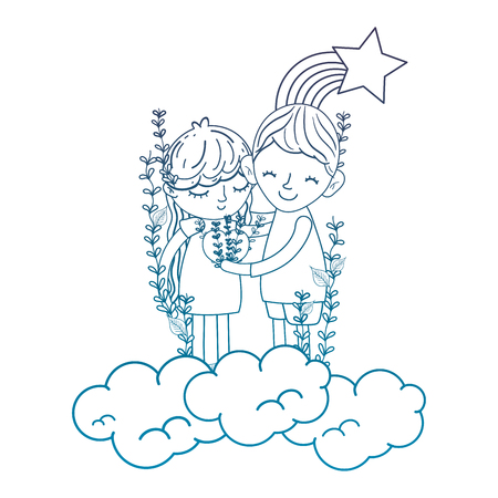 degraded outline boy and girl together in the clouds with rainbow vector illustrationのイラスト素材