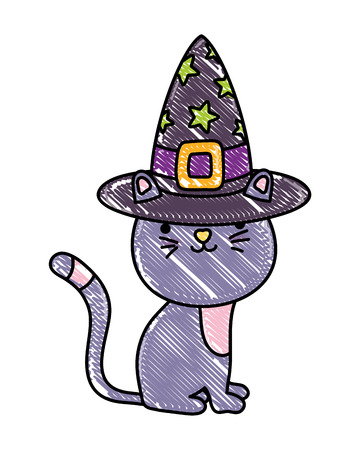 grated happy cat animal with witch hat vector illustrationのイラスト素材