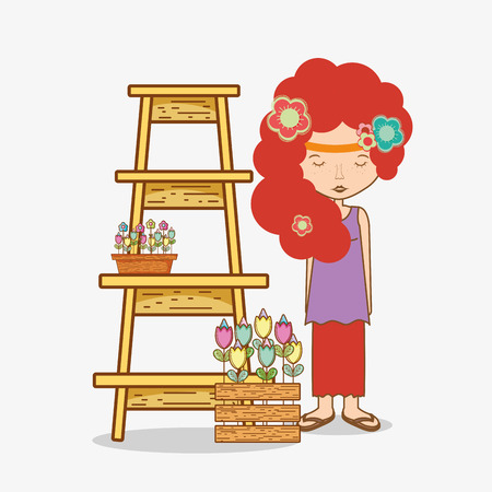 Hippies woman shelf with flowers gardening cartoon vector illustration graphic designのイラスト素材