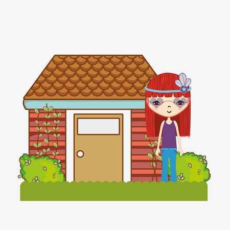Hippies woman with eco house cartoon vector illustration graphic designのイラスト素材