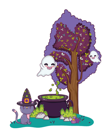 funny ghosts with hat wearing hat vector illustrationのイラスト素材