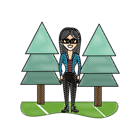 grated nice woman with glasses and clothes with pine trees vector illustrationのイラスト素材