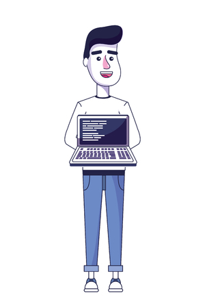 nice man with laptop and code programing vector illustrationのイラスト素材