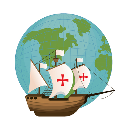 global planet and wood ship navigation vector illustrationのイラスト素材