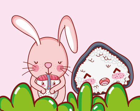 Bunny and japanese food cute kawaii cartoonsのイラスト素材