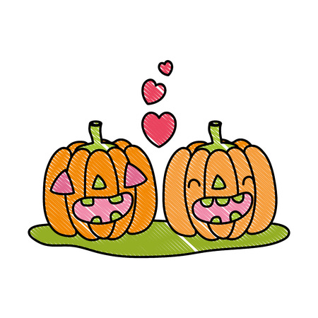 grated kawaii happy pumpkin couple with heart vector illustrationのイラスト素材