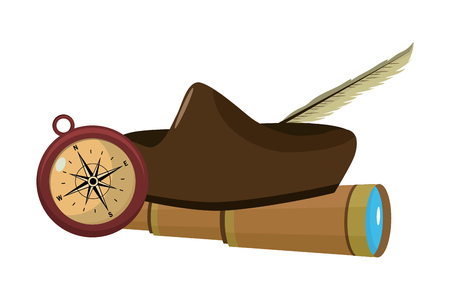 elegant hat with monocular and compass tools vector illustrationのイラスト素材