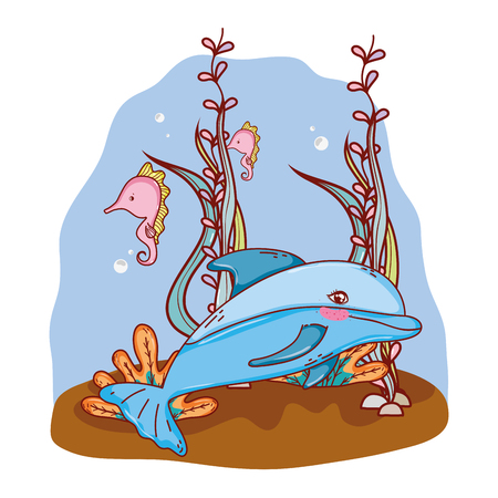 dolphin and seahorses animals with seaweed plants vector illustrationのイラスト素材