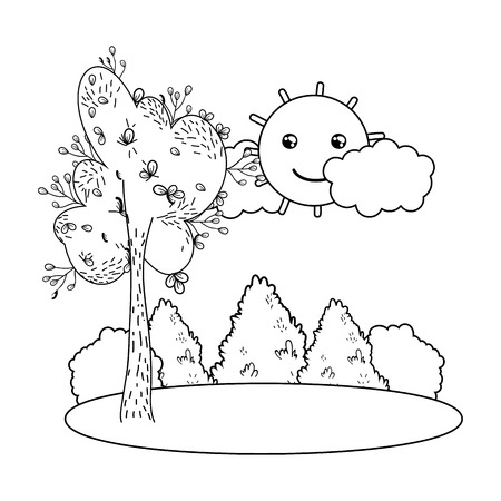 outline tree with bushes and kawaii sun landscape vector illustrationのイラスト素材