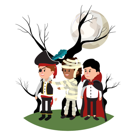 children with costume and tree stalk with branches vector illustrationのイラスト素材