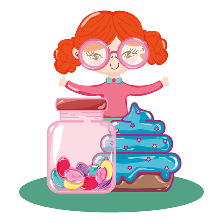 girl wearing glasses with muffin and candies inside bottle vector illustrationのイラスト素材