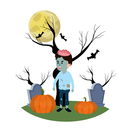 boy with zombie costume in the cemetery with bats vector illustrationのイラスト素材