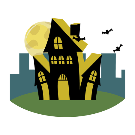 horror castle with bats and full moon in the cityscapeのイラスト素材
