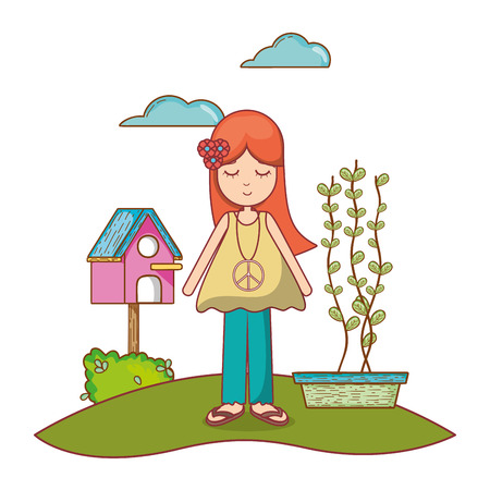 Hippie girl at garden with bird house cartoon vector illustration graphic designのイラスト素材