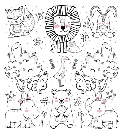 cute wild animal with trees and flowers vector illustrationのイラスト素材