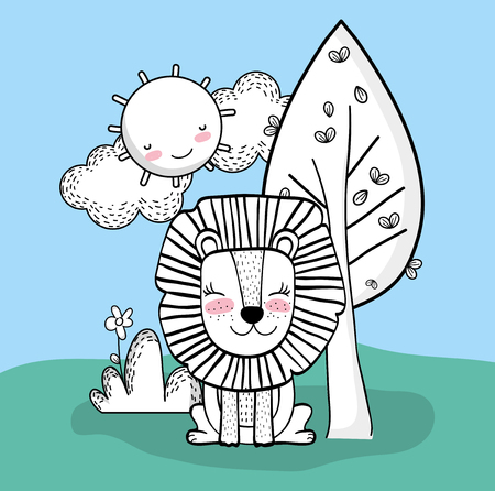 cute lion with happy sun and clouds vector illustrationのイラスト素材