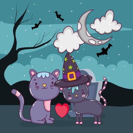 Halloween cats with cute scary elements at night vector illustration graphic designのイラスト素材