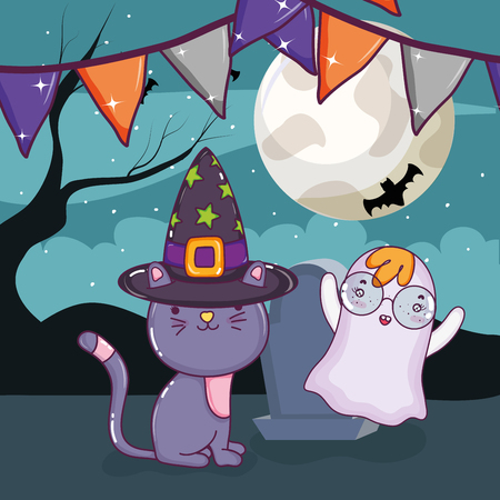 Halloween ghost flying around cemetery at night vector illustration graphic designのイラスト素材