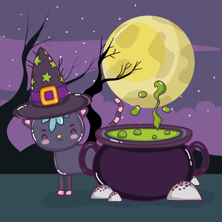 Halloween cat with cute scary elements at night vector illustration graphic designのイラスト素材